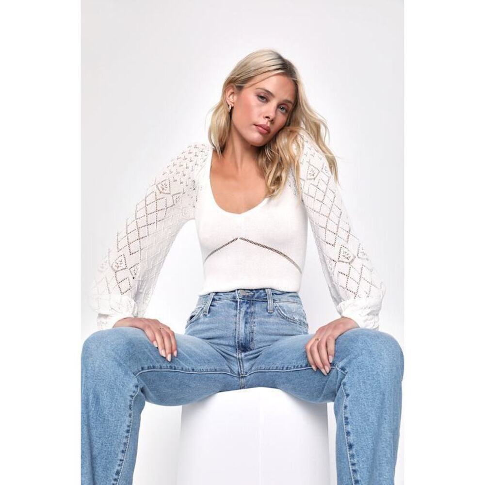 Lulus Sweetest Cutie White Pointelle Knit Balloon Sleeve Sweater Top - Size S